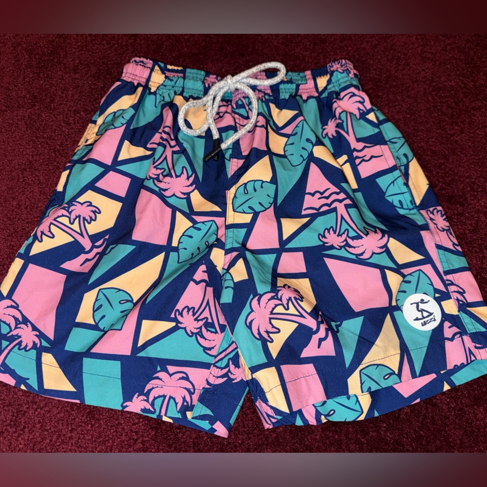 Uzzi boys swim trunks mesh brief lining pink palm trees Large